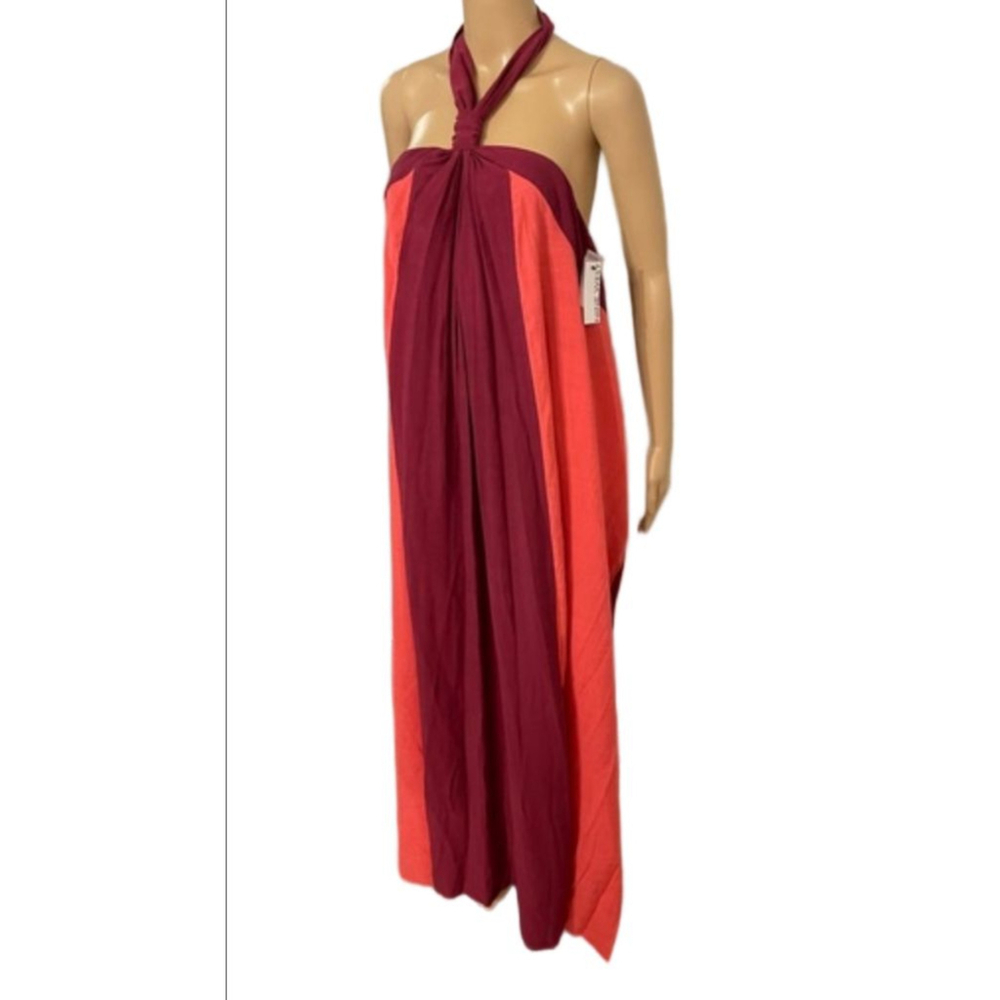 Women's Nine West Halter Colorblock Maxi Dress in Coral and Burgundy, Size L - Picture 3 of 8